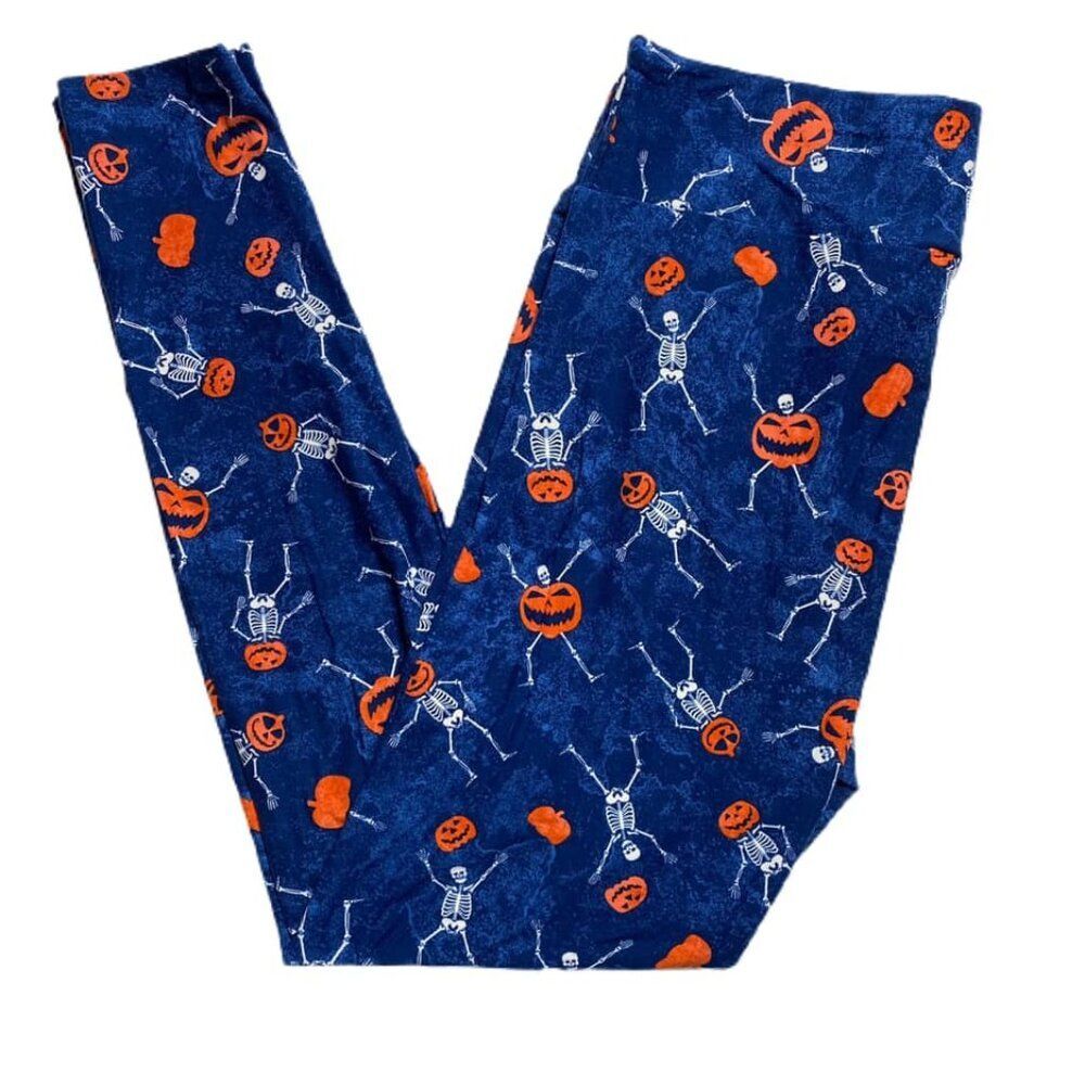 NEW TC2 LuLaRoe Pumpkin Skeleton Blue Orange Leggings Comfy‎ Halloween Yoga Band